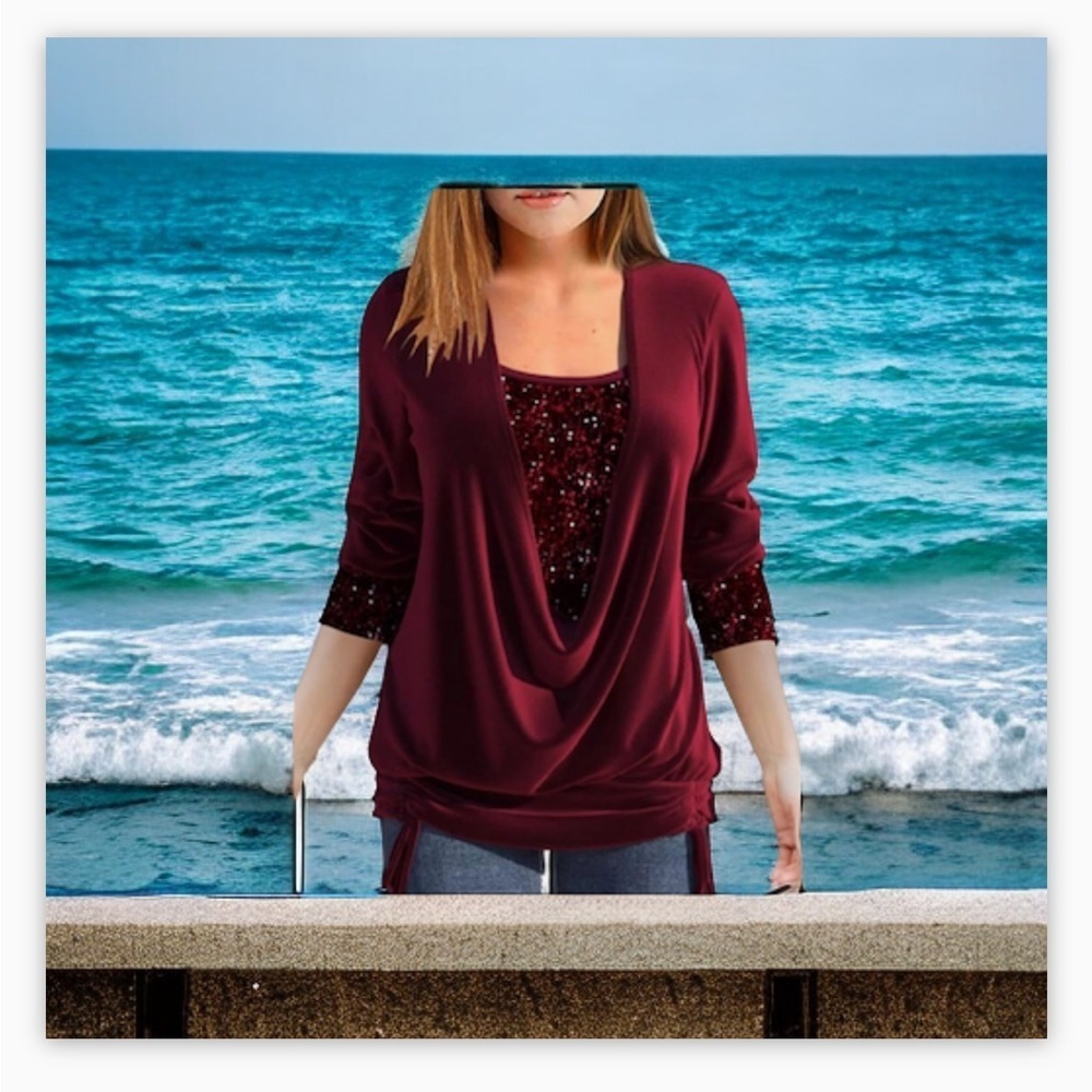 Beautiful Layered 2in1 Blouse Tunic Wine Red- Soarkly -Festive NWT- Boutique-SzL
